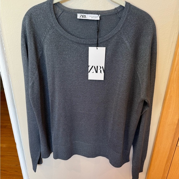 ZARA Metallic Thread Knit Sweater Gray Long Sleeve Lightweight Round Neck NWT - Picture 5 of 10
